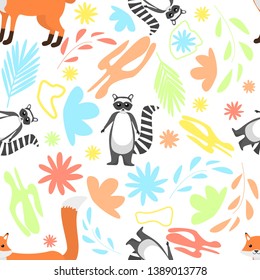 Floral abstract seamless pattern with cute racoon and red fox on white background Vector Illustration