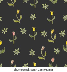 Floral Abstract Seamless Pattern. Delicate Tulips on Black. Modern Digital Design. Modern Fashion Scandinavian Style. Contemporary Colors and Design.