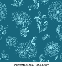 Floral abstract seamless pattern. Doodle natural blue background on botany theme with plants and flowers. Vector design for surfaces, textile, wrapping