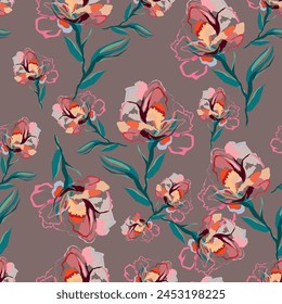 Patrón sin costuras abstracto floral dibujado delicados ramos de rosas con hierbas. Hermoso estampado para decoración de textiles y diseño. Fondo de flores. Dibujo de arte para la superficie.