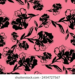 Floral abstract seamless pattern drawn delicate bouquets of roses with herbs. Beautiful print for decoration of textiles and design. Flower background. Art drawing for surface.