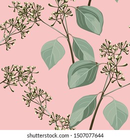 Floral abstract seamless pattern with eucalyptus branches on pink background.
