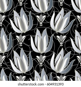 Floral abstract seamless pattern. Flourish black background wallpaper with white  hand drawn doodles lines and tulip flowers. Vector modern texture for prints, fabrics, textile.