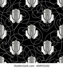 Floral abstract seamless pattern. Flourish black background wallpaper with white  hand drawn doodles lines and vintage flowers. Vector modern texture for prints, fabrics, textile.