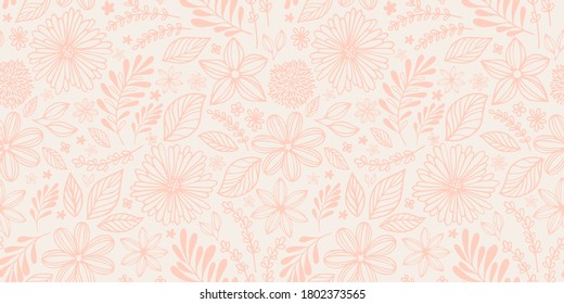 floral and abstract seamless pattern with flowers, branches and leaves, hand drawn background. Sweet cute drawing in doodle style for design of kids, romances, holidays