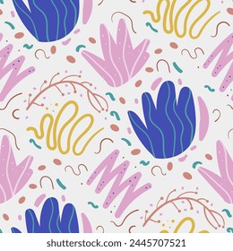 Patrón sin costuras abstracto floral. Flores Elementos fondo sin fin. Adorno simple de bucle botánico y2k. Vector plano dibujado a mano ilustración.