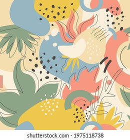 Floral abstract seamless pattern with geometric shapes leaves vector illustration. Hand drawn colorful leaf foliage, dot design for print fabric textile wallpaper. Scandinavian aesthetic background