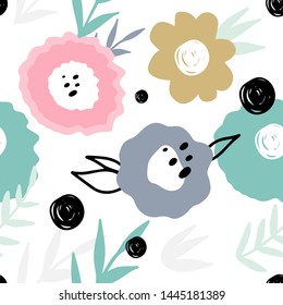Floral abstract seamless pattern. Hand drawn, Doodle style plants for packaging, textiles and other designs.
