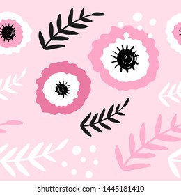Floral abstract seamless pattern. Hand drawn, Doodle style plants for packaging, textiles and other designs.

