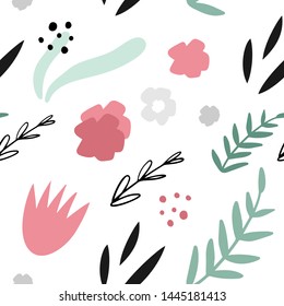 Floral abstract seamless pattern. Hand drawn, Doodle style plants for packaging, textiles and other designs.
