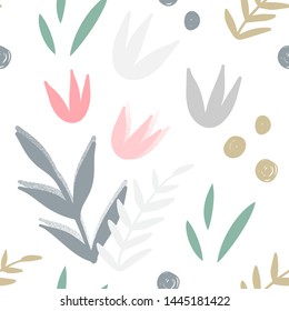 Floral abstract seamless pattern. Hand drawn, Doodle style plants for packaging, textiles and other designs.
