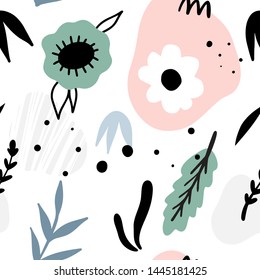 Floral abstract seamless pattern. Hand drawn, Doodle style plants for packaging, textiles and other designs.
