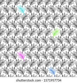 Floral abstract seamless pattern with hand drawn leaves. Line art sketch style. Vector background on white.