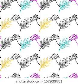 Floral abstract seamless pattern with hand drawn leaves. Line art sketch style. Vector background on white.