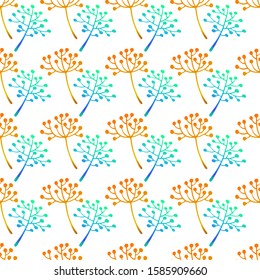 Floral abstract seamless pattern with hand drawn branch with berries. Line art sketch style. Vector background on white.