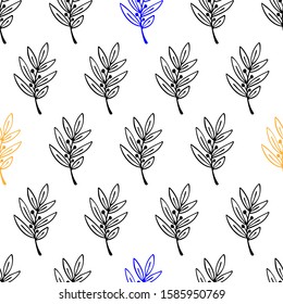 Floral abstract seamless pattern with hand drawn branch with berries. Line art sketch style. Colorful vector background on white.