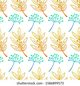 Floral abstract seamless pattern with hand drawn branch with berries. Line art sketch style. Colorful vector background on white.