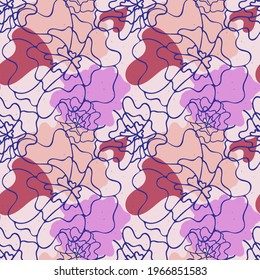 Floral abstract seamless pattern, hand drawn outline illustration, pink lilac spots, blue ink brush lines, heart shapes. Editable white background. Vector