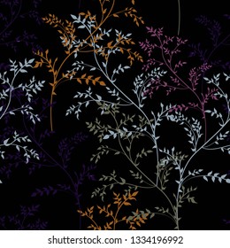 Floral abstract seamless pattern with linear plants and herbs in brown, yellow, mint, magenta colors on black background.