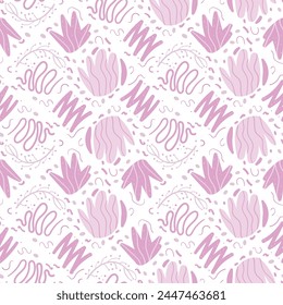 Floral abstract seamless pattern. Pink flowers and lines elements endless background. Simple botanic loop ornament. Vector flat hand drawn illustration.
