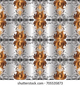Floral abstract seamless pattern. Silver background wallpaper illustration with gold 3d paisley lotus flowers and elegance flourish ornament. Vector endless surface drapery texture for fabric, textile