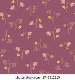 Floral abstracto patrón sin fisuras con flores de margarita de línea pequeña y hojas sobre fondo morado rosado. Textura botánica de corte para la impresión del colmillo textil, papel de pared, papel de envoltura, libro de recortes, tarjetas.