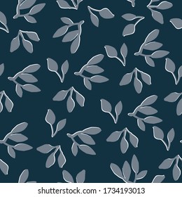Floral abstract seamless pattern in vector. Gray branches and leaves on a blue background. Seamless pattern can be used for wallpaper, pattern fills, web page background, surface textures.