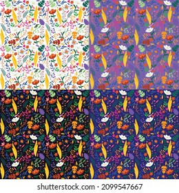 Floral abstract seamless pattern, vintage set 4 color, white, black, purple, dark blue, isolated vector illustration for fabric, textile.
