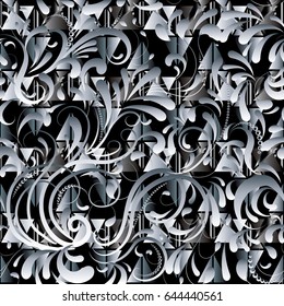 Floral abstract seamless pattern. Vintage black vector geometric background wallpaper illustration with silver 3d flowers, swirl curve leaves, rhombus, triangles  and beautiful modern ornaments. 