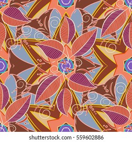 Floral abstract seamless pattern wallpaper illustration with colorful violet pink lilac yellow blue green vintage flowers leaves and flowery elegant ornaments on the dark blue background.