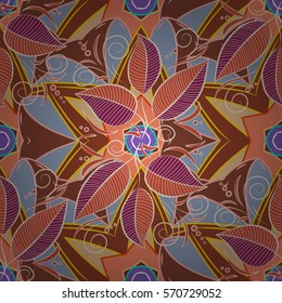 Floral abstract seamless pattern wallpaper illustration with colorful violet pink lilac yellow blue green vintage flowers leaves and flowery elegant ornaments on the dark blue background.