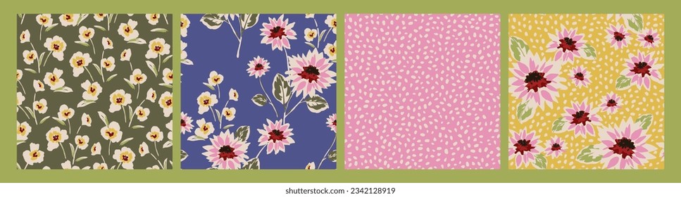 Floral abstract seamless patterns. Retro flowers. Vintage style. Vector design for paper, cover, fabric, interior decor and other use