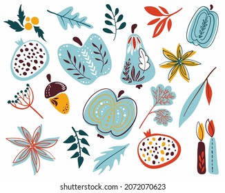 colección de elementos de invierno, ilustración vectorial, manzanas y verduras de invierno y flores, decoración y decoración de invierno