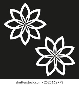 Floral abstract shapes. Geometric flower design. Symmetrical white petals. Black background contrast.