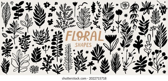 Floral abstract shapes and leaves for natural modern botany design. Minimalist nature elements collection. Vector set.