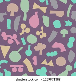Floral, abstract shapes seamless pattern, background. Strange colors on purple background.