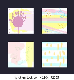 Floral and abstract square patterns drawn by hand with watercolor brush. Sketch, grunge, graffiti, paint, scribble. White, pink, purple, yellow, orange, blue. Trendy vector illustration.