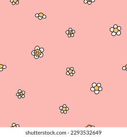 Floral abstract square seamless patterns with vintage groovy daisy flowers. Retro floral vector background surface design, textile, stationery, wrapping paper, covers. 60s, 70s, 80s, y2k, 2000 style