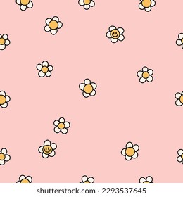 Floral abstract square seamless patterns with vintage groovy daisy flowers. Retro floral vector background surface design, textile, stationery, wrapping paper, covers. 60s, 70s, 80s, y2k, 2000 style