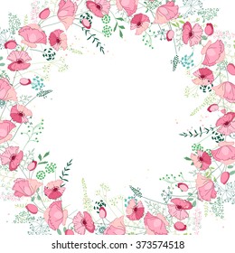 Floral abstract square template with stylized herbs and pink poppies.  Silhouette of plants.