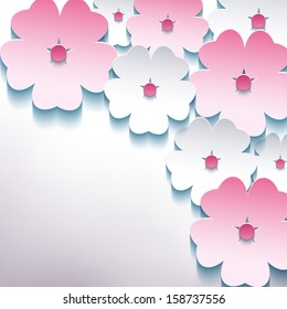 Floral abstract stylish background with 3d cut paper flower sakura pink and white. Creative vector background. Vector illustration