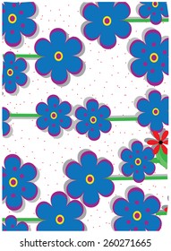 floral abstract stylized background with blue flowers and red specks