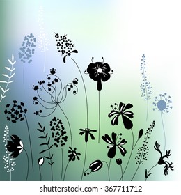 Floral abstract template with stylized herbs and plants.  Silhouette of plants. Pattern for your design, romantic greeting cards, announcements, posters.
