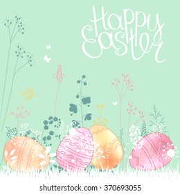 Floral abstract template with stylized herbs and painted eggs.  .Easter pattern for your design, romantic greeting cards, announcements, posters.