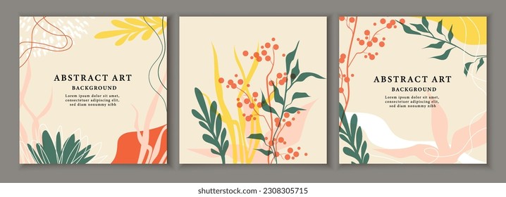 Floral abstract templates set. Invitation cards. Spring holiday and festival, event. Background or wallpaper with flowers and leaves. Cartoon flat vector collection isolated on brown background