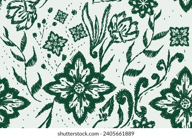 Floral abstract traditional orientation seamless pattern. Ajrakh pattern, Textile pattern, floral seamless design, Batik Indian, Motif Folk style, Indian gypsy. Ethnic traditional.