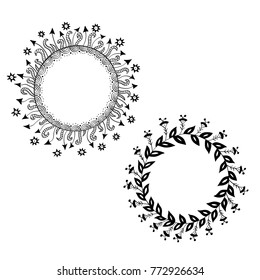 Floral and abstract two round doodle frames. Abstract border with leaves, shiny flowers and unusual shapes for your artwork