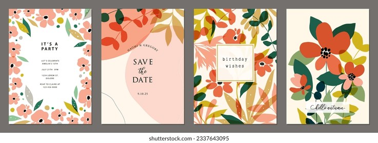 Floral abstracta plantillas de arte universal en colores cálidos perfectas para una boda de otoño o verano y para invitaciones de cumpleaños, menú y ducha para bebés. Para cartel, volante, folleto, encabezado de correo electrónico.