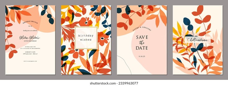 Floral abstract universal art templates in autumn colors. Suitable for birthday, wedding, thanksgiving and party invitation, poster, banner, email header, post in social networks, advertising.