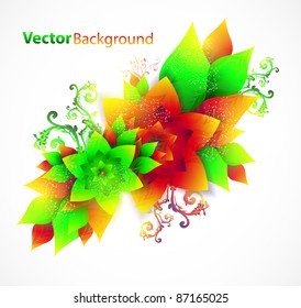 Floral abstract vector background with green and red leaves